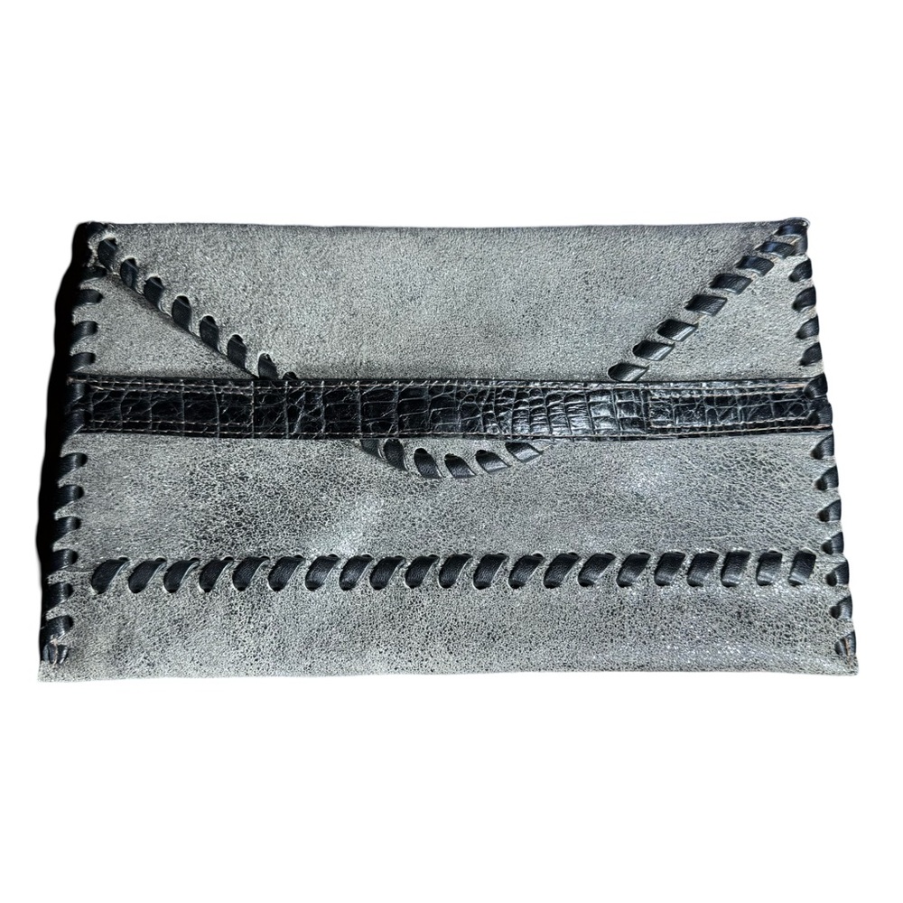 Laggo - Silver And Black Envelope Clutch With Whipstitch Accents